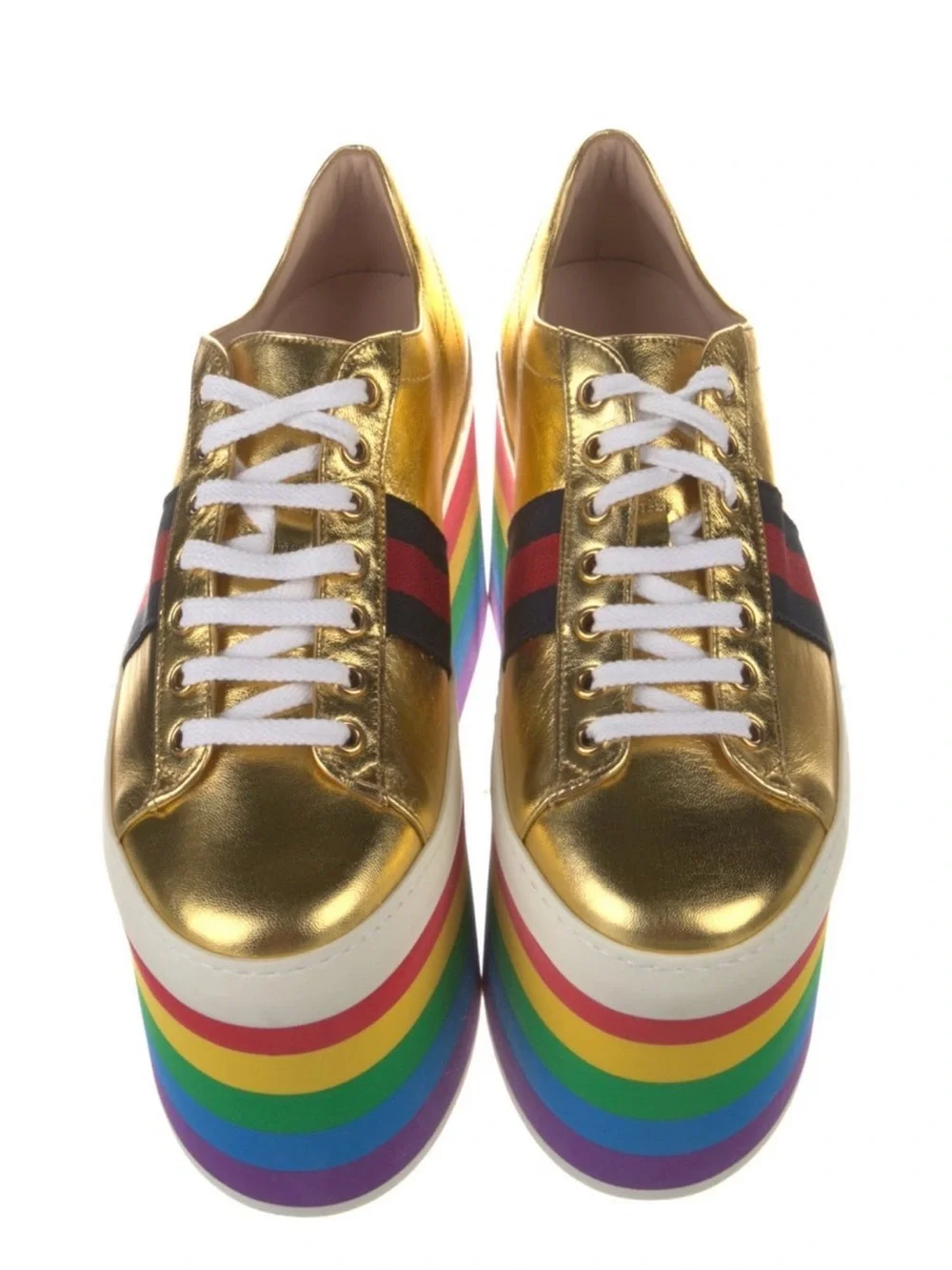 NEW 38.5 Gucci Peggy Gold Metallic Platform Sneakers with Rainbow Sole